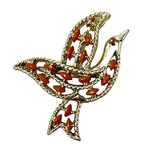 Gerrys Dove Brooch‎ Pendant Gold Tone Orange Beads Vintage Open Work Bird Pin - Picture 1 of 7